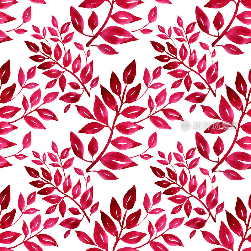 无缝模式水彩手绘红色树枝与树叶在白色的背景。艺术创意自然抽象花卉为卡片，墙纸，纺织品，包装，花店