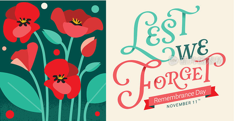 纪念日网页横幅海报设计与红色罂粟花和优雅，以免我们忘记排版文字设计