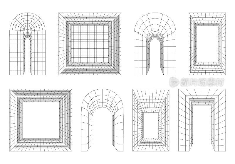 线框图三维拱门，圆弧，门户，大门。透视圆形和矩形形状，扭曲网格，3D技术网格。抽象建筑拱。一组残酷的图形设计元素。