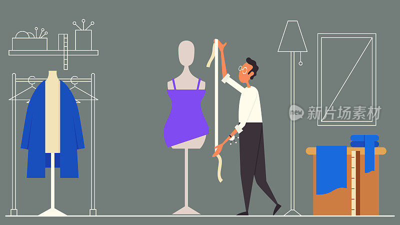 男裁缝在他的车间里工作,测量手工制作的时装