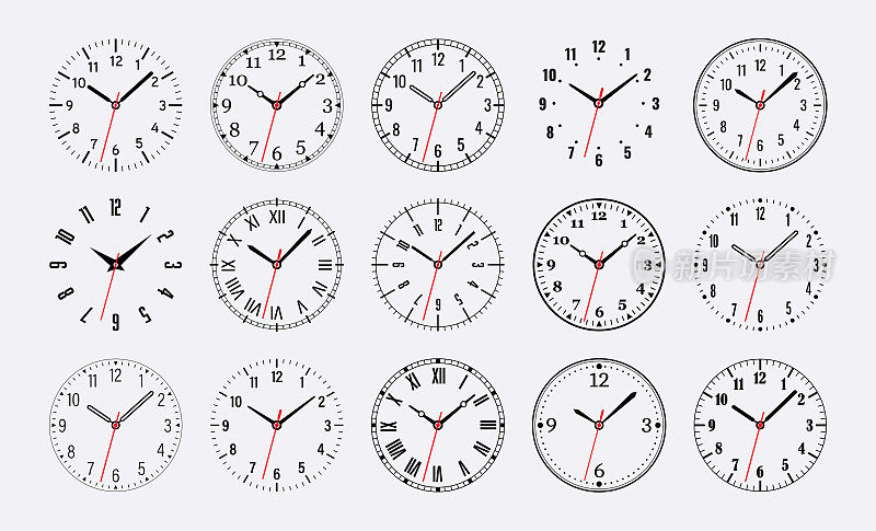 钟面。时钟拨。带箭头的空机械表表盘-分钟和小时标记。阿拉伯和罗马数字。向量组