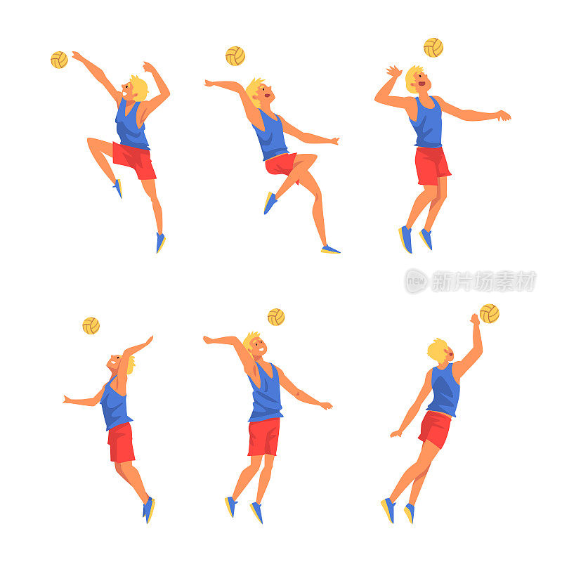 排球运动员在不同的动作姿势设置。男运动员在制服跳跃与球卡通矢量插图