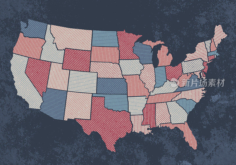 美国各州地图半色调线纹理-红色和蓝色色调-暗背景