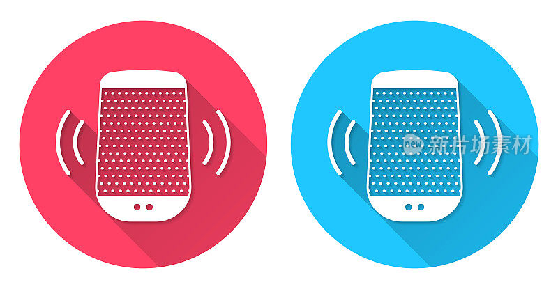 智能扬声器-语音助手。圆形图标与长阴影在红色或蓝色的背景