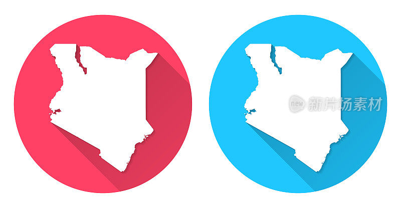 肯尼亚的地图。圆形图标与长阴影在红色或蓝色的背景