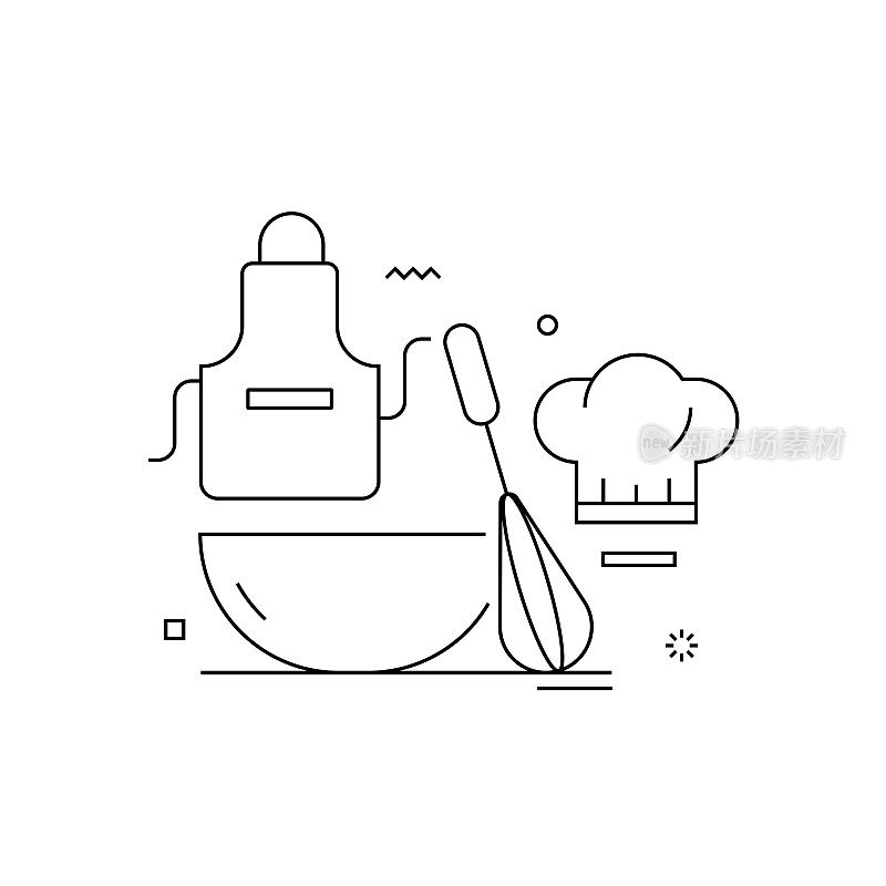 烹饪学校相关设计与线图标。简单轮廓符号图标。厨师，烹饪，学生，烹饪班。
