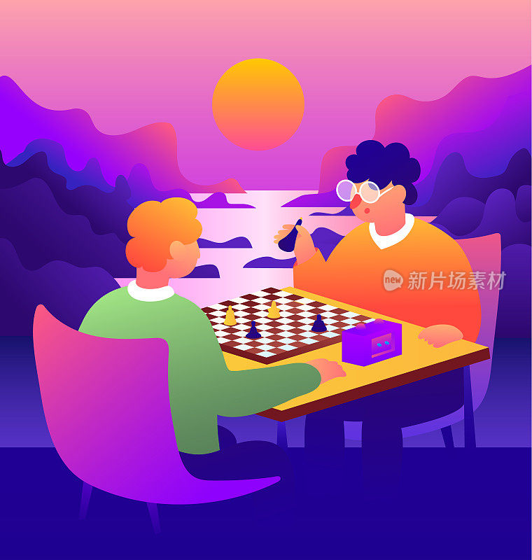 两个人下棋，日落国际象棋和谐，日落国际象棋决斗，景观矢量插图