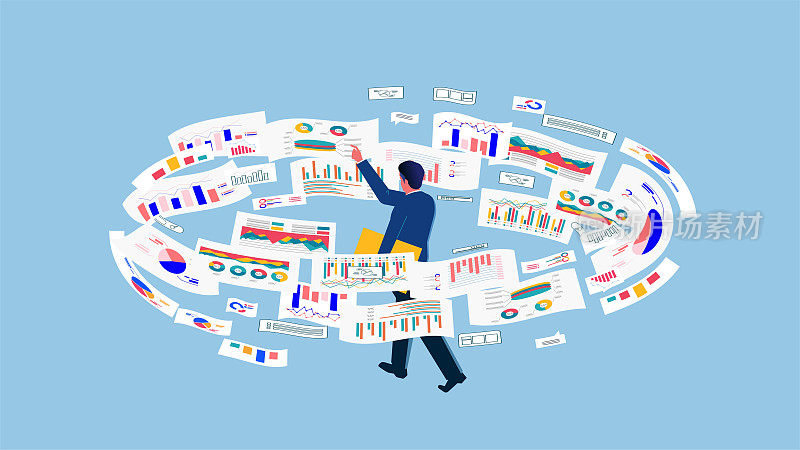 业务数据、财务报表统计与分析、投资统计、营销管理等。远程交易者在他们周围的数据图表中分析和工作