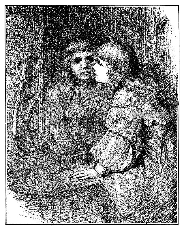 维多利亚时代的小女孩看着镜子