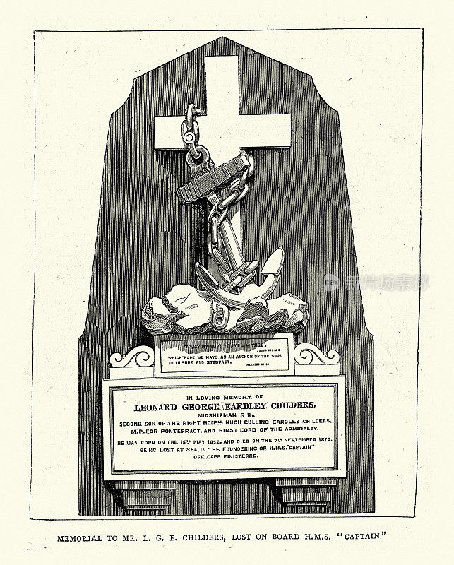 复古插图，纪念伦纳德・乔治・厄尔德利・蔡尔德斯先生，在英国皇家海军“船长”号上遇难，1872年，19世纪