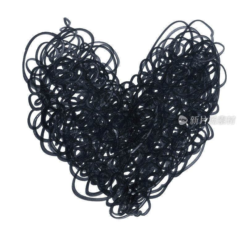 心的形状的羊毛绞在光滑的白纸上用黑色记号手画-抽象的插图在矢量与爱的标志-卷曲不均匀凌乱的艺术作品与3D效果隔离的背景