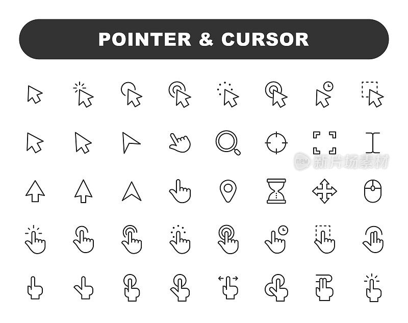 指针和游标线图标。可编辑的中风。包含触控手势、选择、鼠标、箭头、手指、沙漏、拇指、手机应用、界面设计、触摸屏等图标。