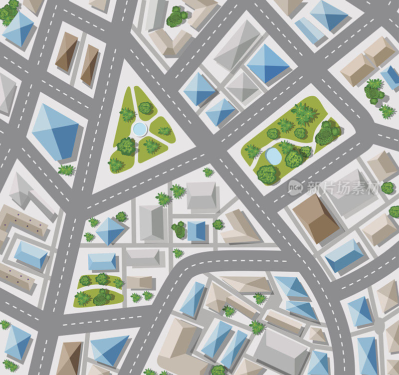 规划大城市的俯视图，有街道，屋顶
