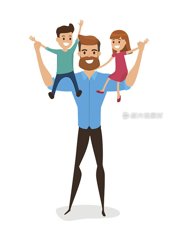 祝您父亲节快乐。幸福的家庭的概念。爸爸肩上扛着小儿子和小女儿。