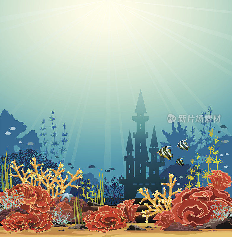 城堡和珊瑚礁的剪影。