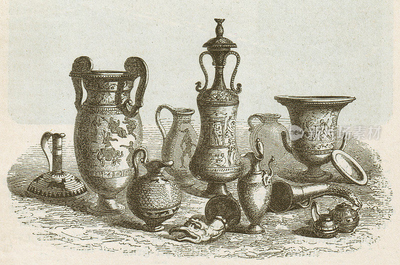 希腊花瓶和其他餐具，木刻，出版于1882年。