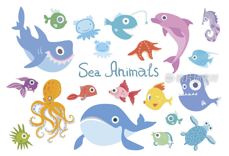 卡通海洋动物设置。鲸、鲨鱼、海豚、章鱼等海洋鱼类和动物。矢量插图，孤立在白色背景上。