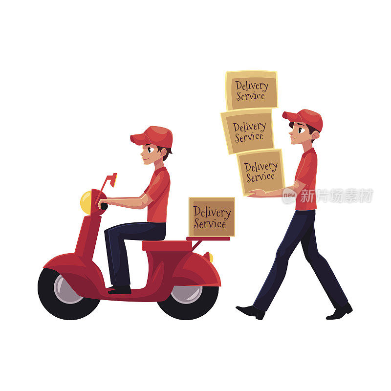 快递员搬运成堆的箱子，用摩托车、摩托车送包裹