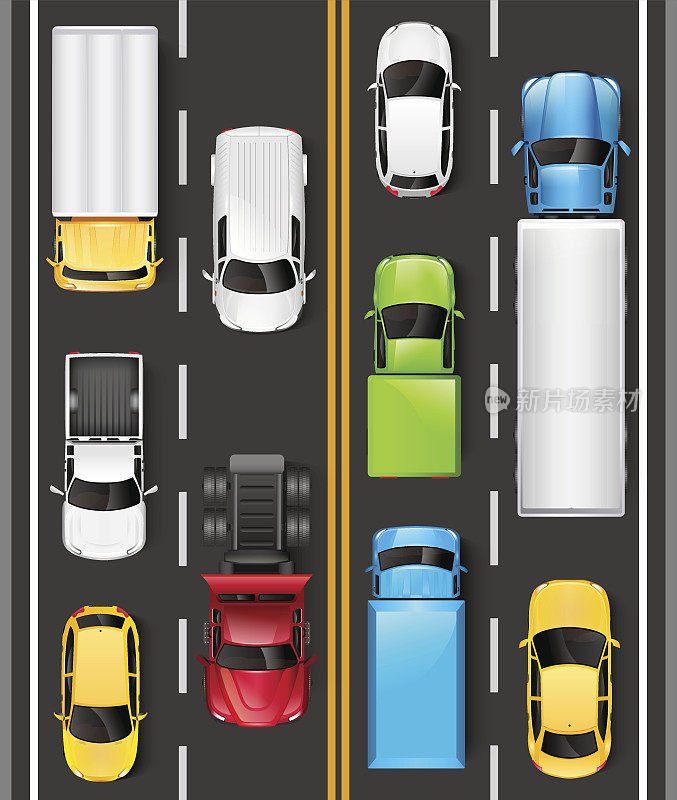 俯视图的汽车和卡车在道路上。汽车在高速公路上行驶。路上有车辆。矢量图