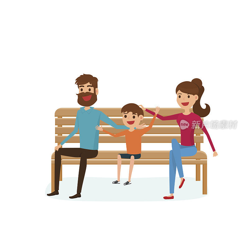 快乐的一家人坐在公园的长椅上。父亲，母亲和孩子们。平面设计风格