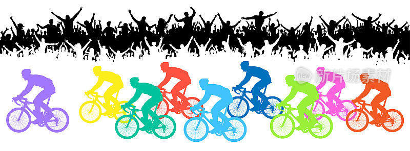 自行车比赛。粉丝们，剪影。体育活动横幅