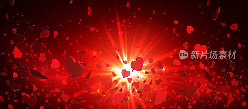 情人节心形纸屑花瓣落在红色的背景上。心形的花瓣，用于妇女节