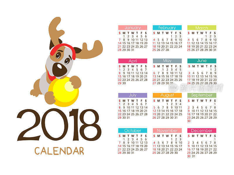 2018年圣诞日历。矢量文件。狗是这一年的象征。有趣的杰克罗素梗08