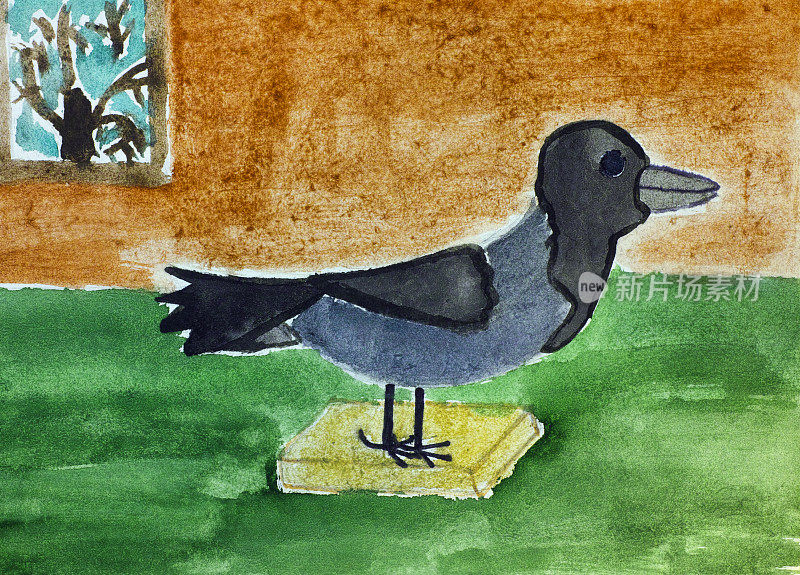 绿色桌子上的乌鸦标本。儿童水彩手绘。