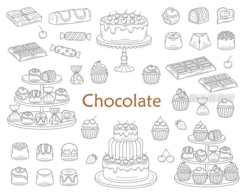 巧克力甜点收集，与巧克力蛋糕，巧克力棒，甜糖果和纸杯蛋糕，矢量插图