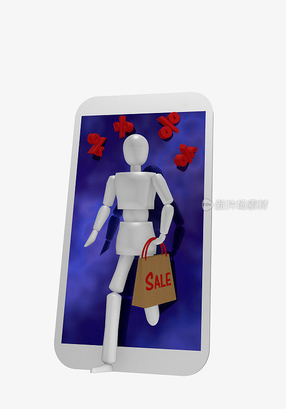 木偶出现在手机屏幕上。她手里拿着一张购物中心上的购物袋。