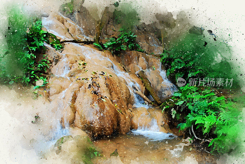 抽象美丽的瀑布在水彩画的背景和数字插图刷艺术。