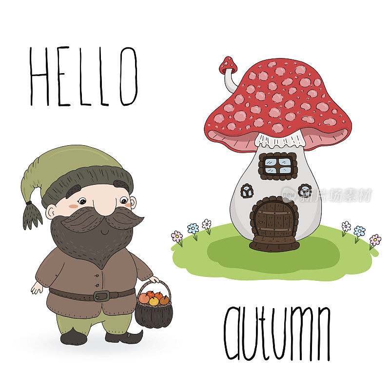 手绘矢量插图与可爱的卡通侏儒和房子蘑菇。你好,秋天的名片。