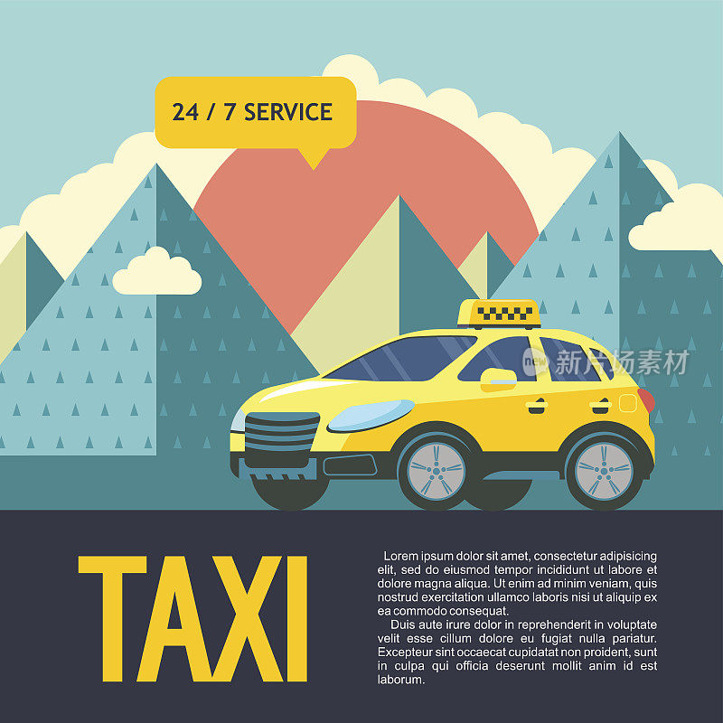 黄色的出租车在山景的背景。每周7天24小时提供出租车服务。