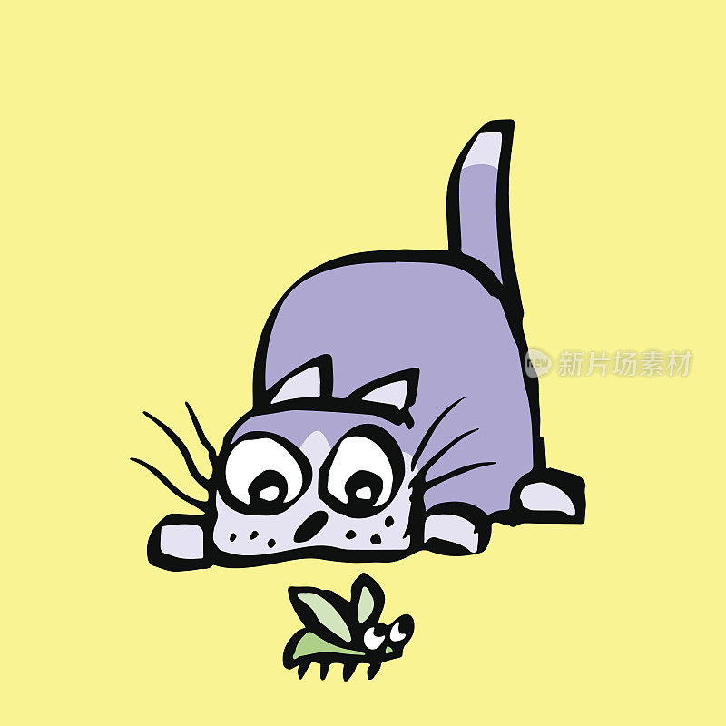 滑稽的猫捕食甲虫。矢量插图。