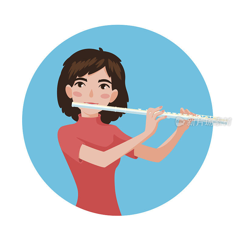 音乐家在演奏长笛。女孩长笛手的灵感是演奏一种古典乐器。向量。