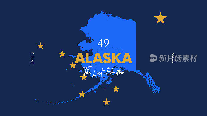 美国50个州中的49个州的名字，昵称和日期被承认加入联邦，详细的矢量阿拉斯加地图印刷海报，明信片和t恤