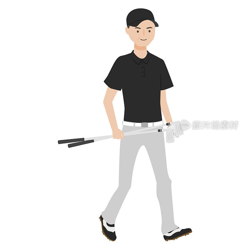 插图的男性。一个拿着高尔夫球杆走路的人。