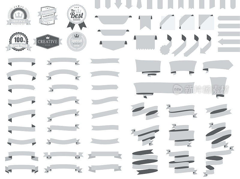灰色丝带，旗帜，徽章，标签-设计元素在白色的背景