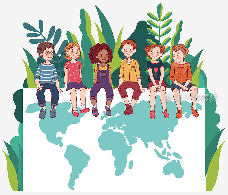 一群友善的孩子坐在白板上看世界地图。快乐的男孩和女孩。生态友好型生态理念。自然守恒矢量图