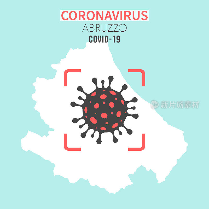 红色取景器上显示冠状病毒(COVID-19)细胞的Abruzzo地图