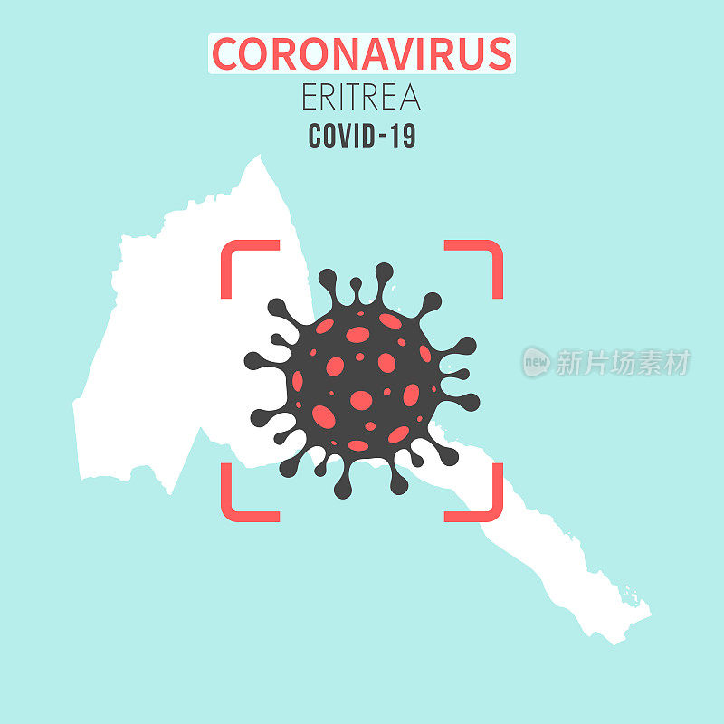 红色取景器中带有冠状病毒(COVID-19)细胞的厄立特里亚地图