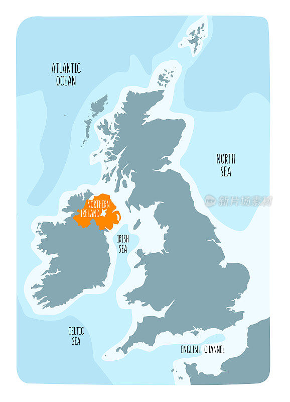 北爱尔兰和不列颠群岛手绘地图。