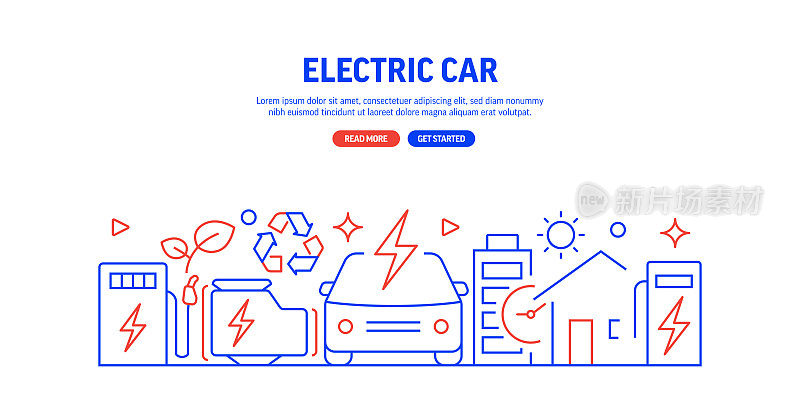 电动汽车相关的网页横幅线条风格。现代线性设计矢量插图的网站横幅，网站标题等。