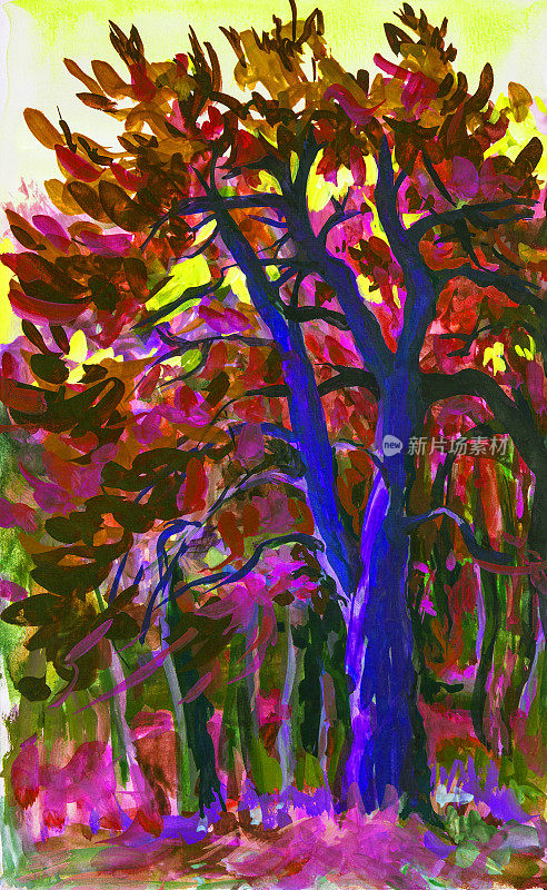 时尚的插图寓言的新生命的森林现代的艺术作品我的原始油画在画布上垂直的秋天风景印象派松树森林在阳光下对其他树木和草的阳光天空