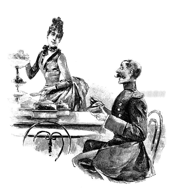 一位警官正在和一位女士吃饭