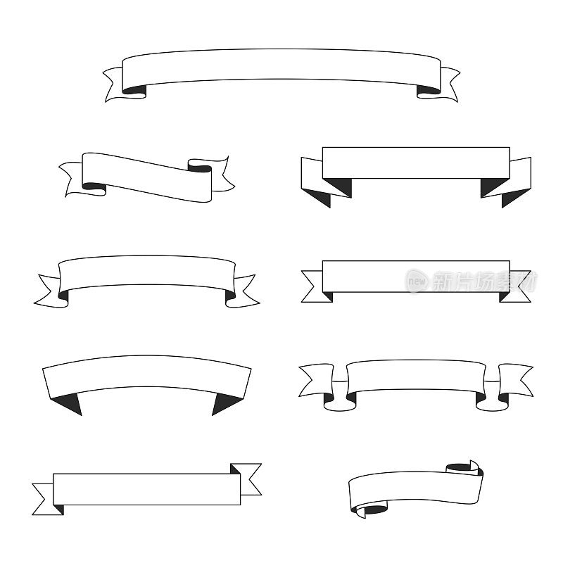 一套丝带，横幅(轮廓，线条艺术)-设计元素在白色的背景