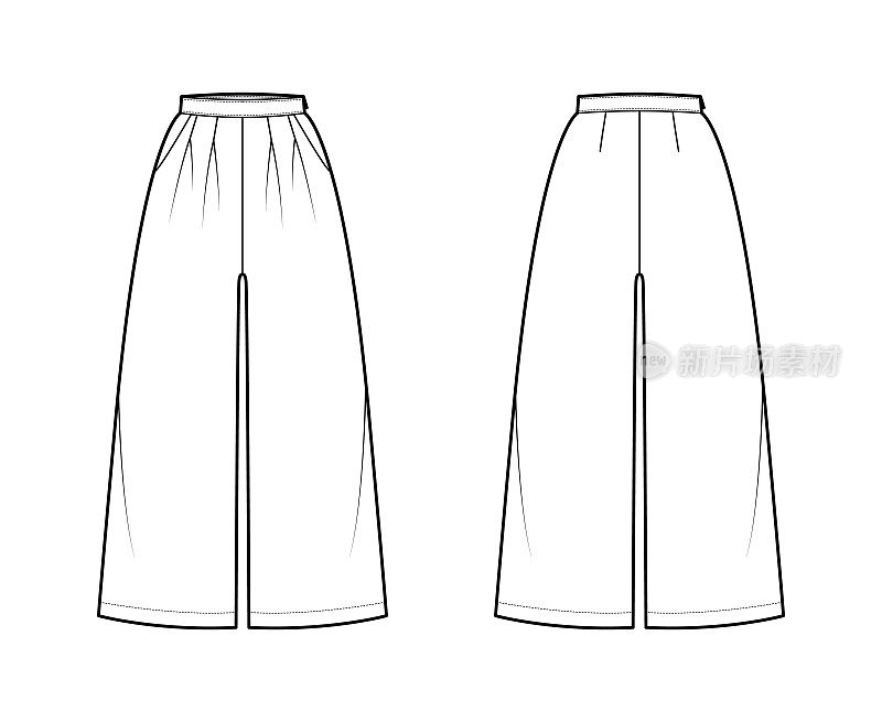 裙裤宫式技术时尚插图，正常腰部，高腰，双褶，小腿长，宽腿