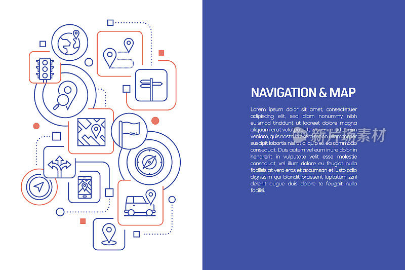 导航和地图概念，矢量插图的导航和地图与图标
