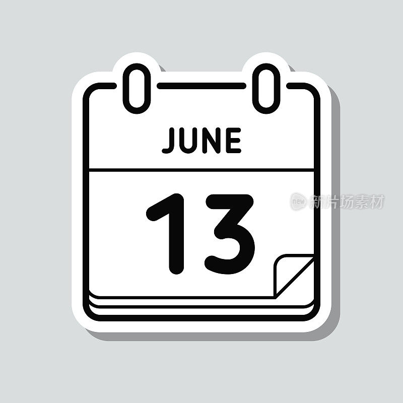 6月13日。灰色背景上的图标贴纸