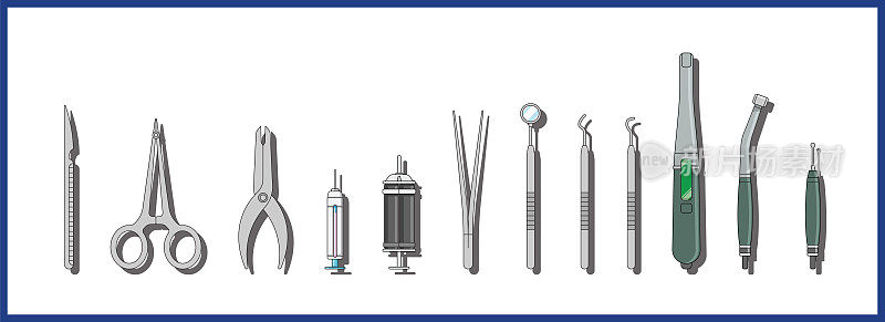 一套手术和牙医工具的操作和保健。在白色背景上设置工具和设计对象。